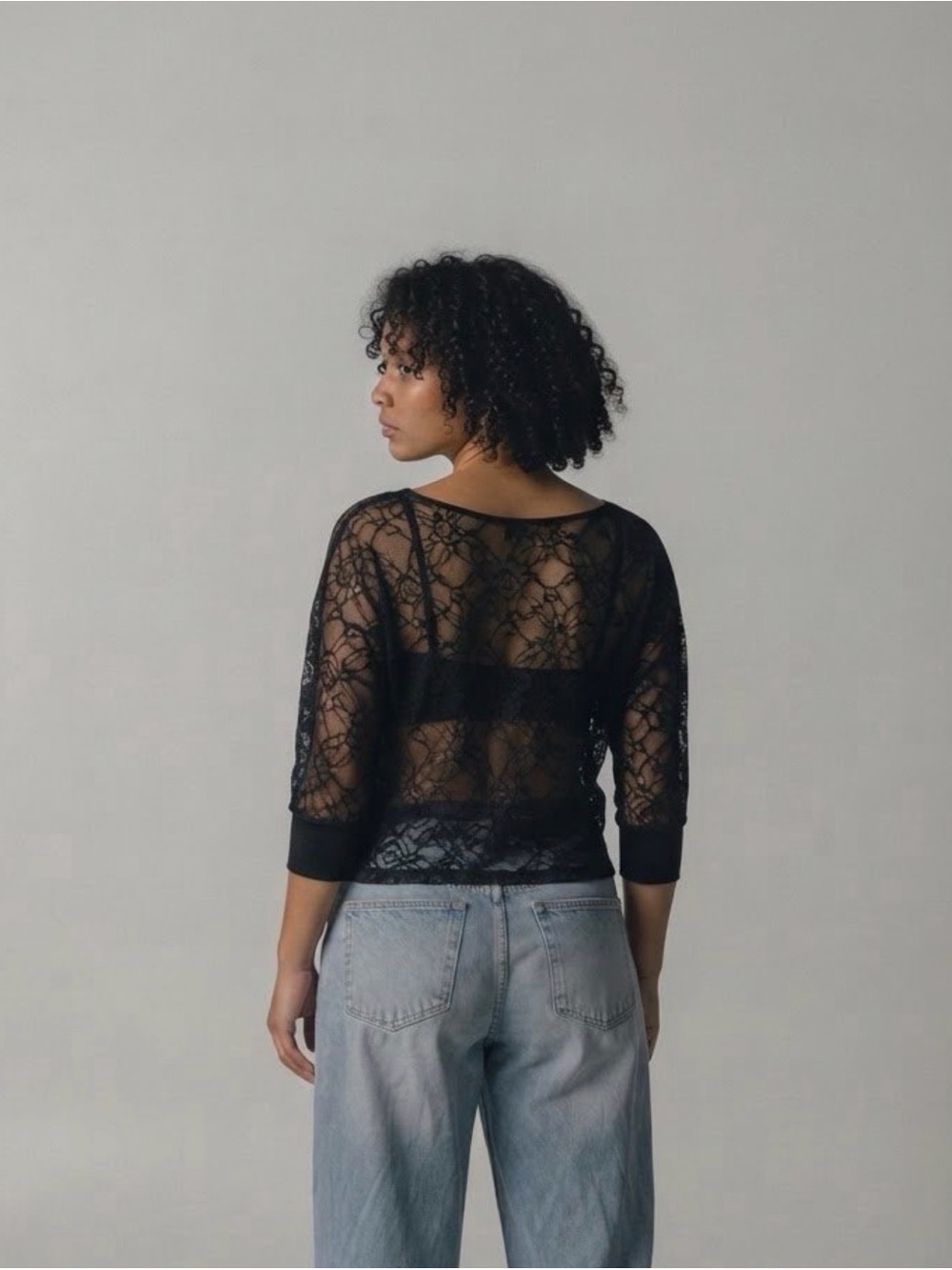 American Eagle Charcoal Gray Lace Back Sweater Small Scoop Neck 3/4 Sleeve
